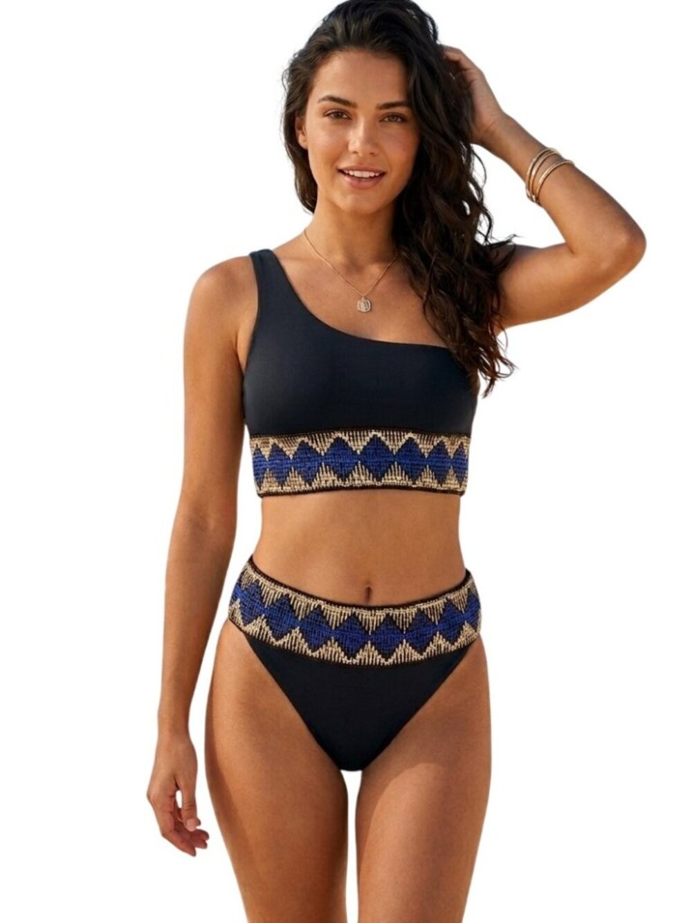 Elysiian One-Shoulder Milos Bikini Black Geometric S/XS Resort Beach Cruise